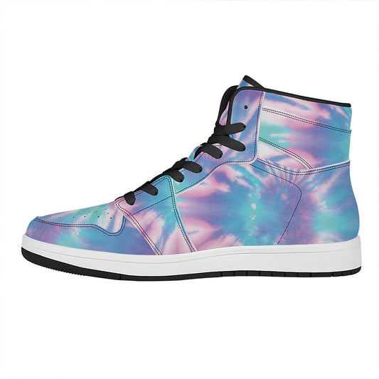 Teal And Pink Tie Dye Print High Top Leather Sneakers