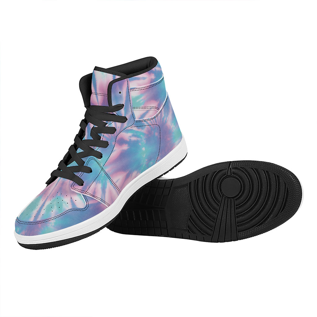 Teal And Pink Tie Dye Print High Top Leather Sneakers