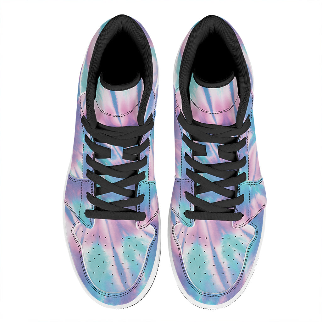 Teal And Pink Tie Dye Print High Top Leather Sneakers
