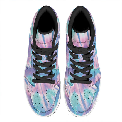 Teal And Pink Tie Dye Print High Top Leather Sneakers