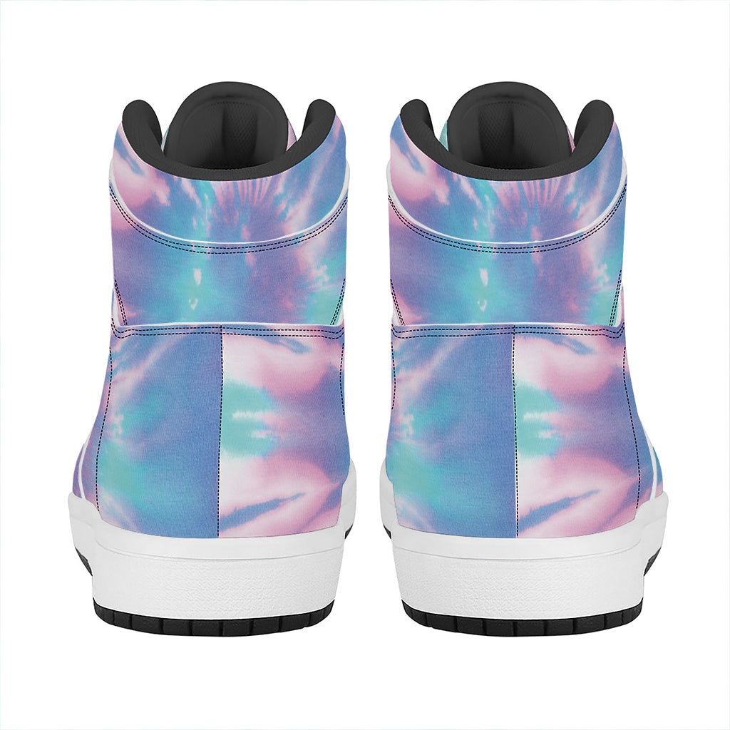 Teal And Pink Tie Dye Print High Top Leather Sneakers