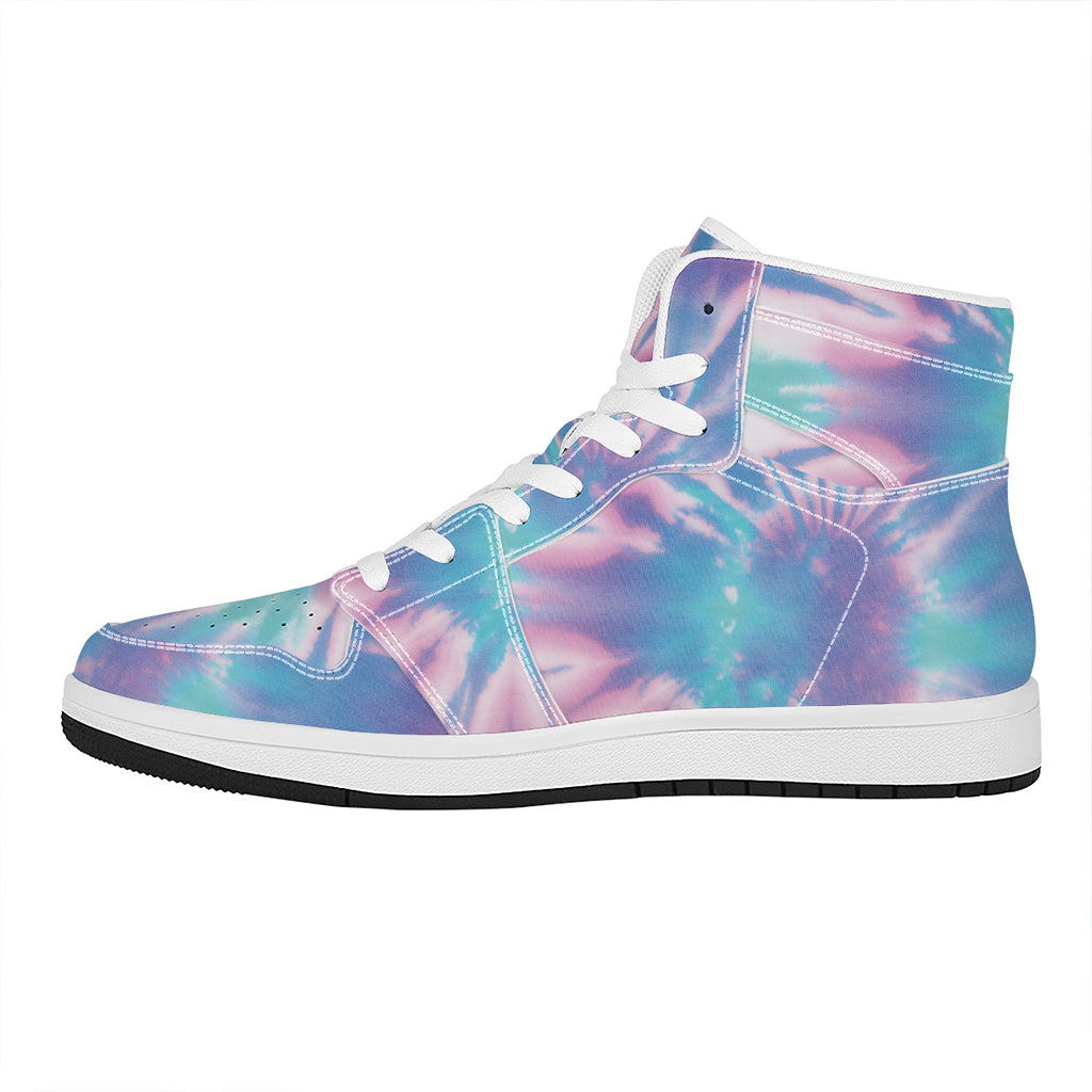 Teal And Pink Tie Dye Print High Top Leather Sneakers