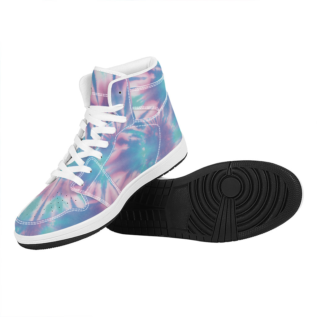 Teal And Pink Tie Dye Print High Top Leather Sneakers