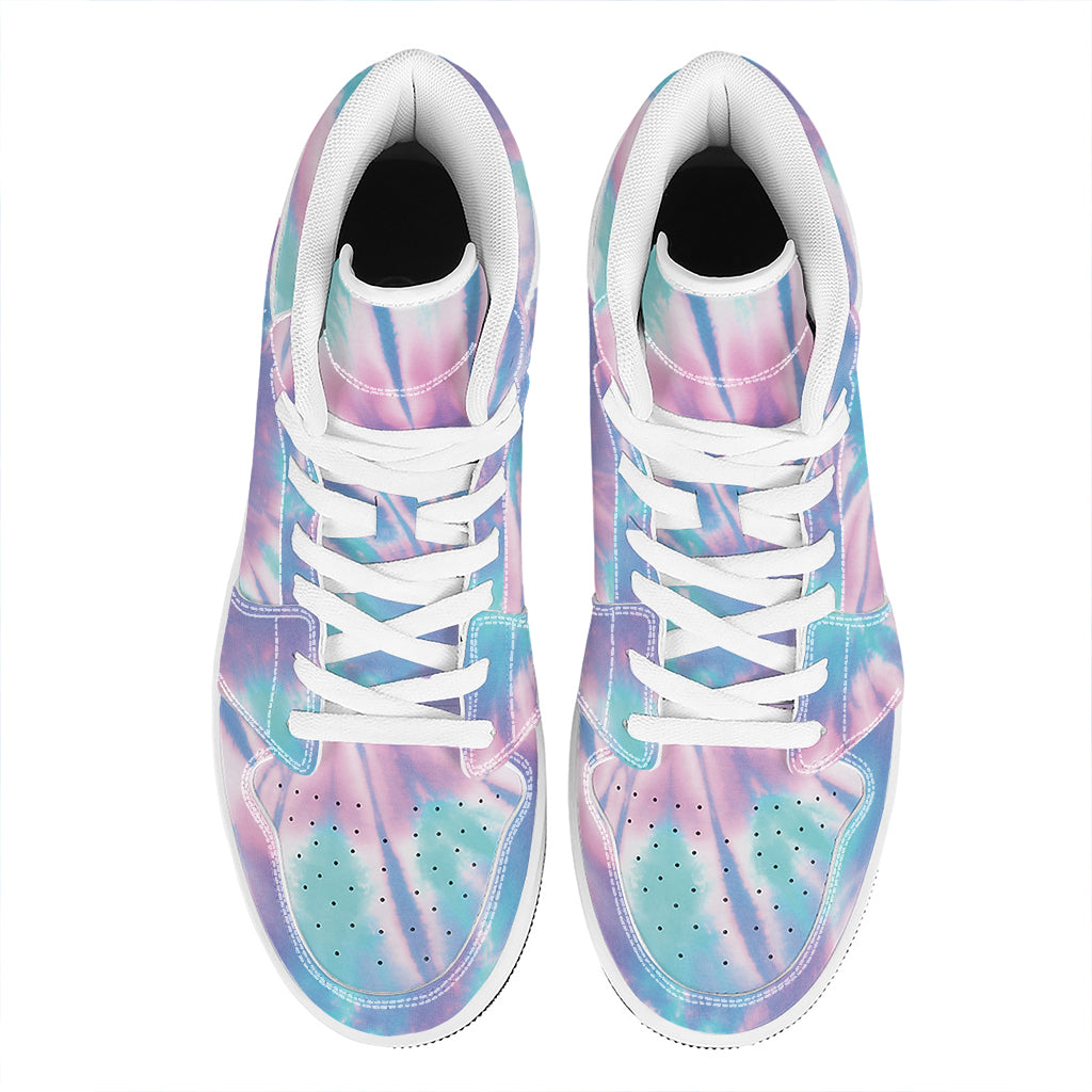 Teal And Pink Tie Dye Print High Top Leather Sneakers
