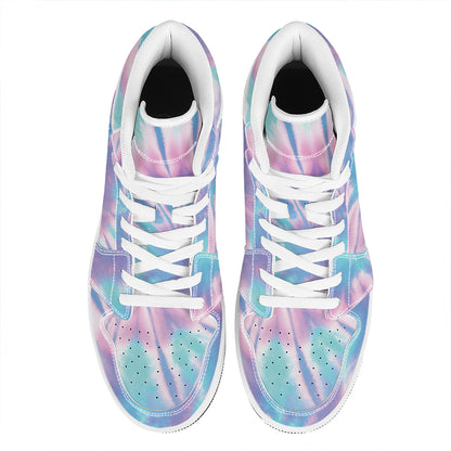 Teal And Pink Tie Dye Print High Top Leather Sneakers