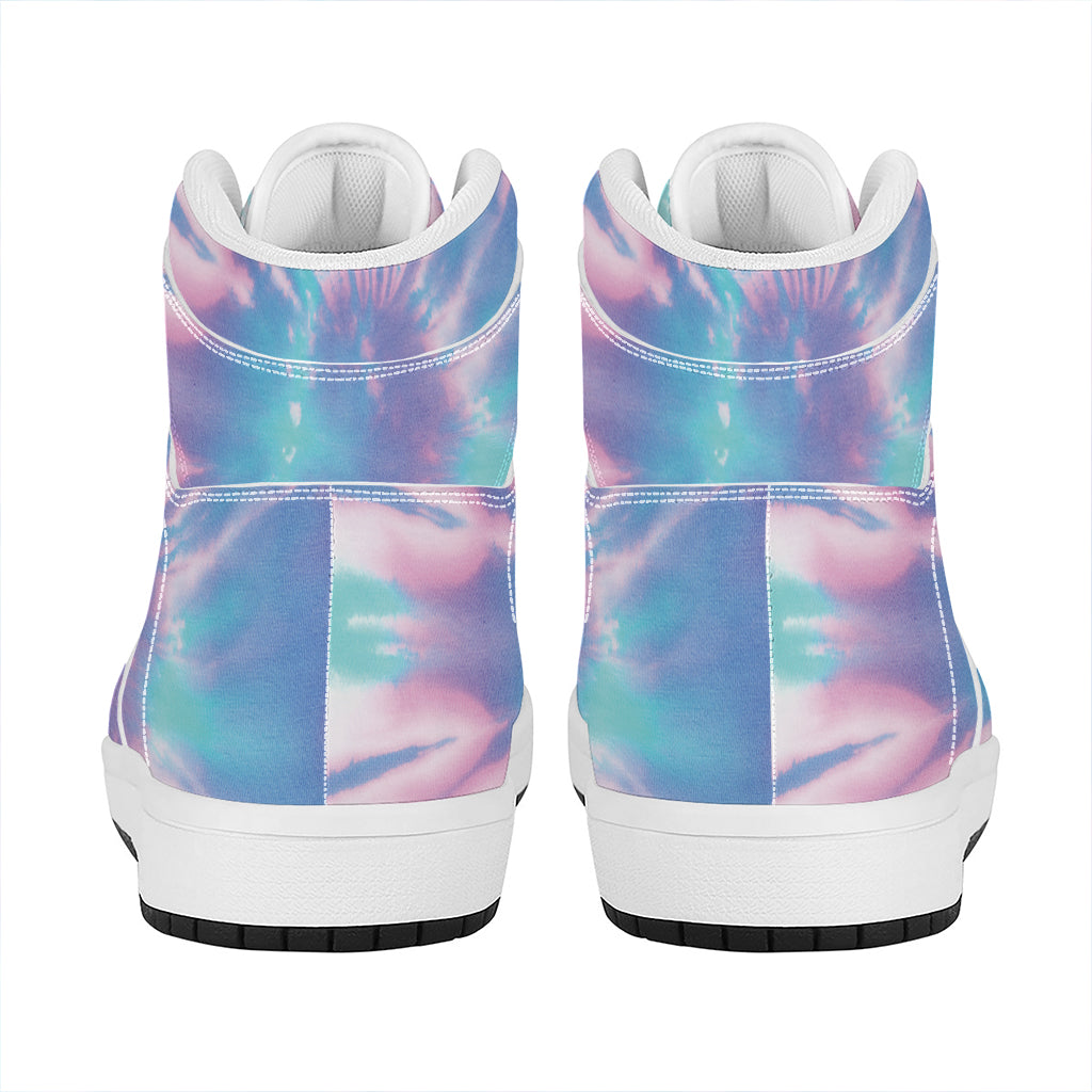 Teal And Pink Tie Dye Print High Top Leather Sneakers