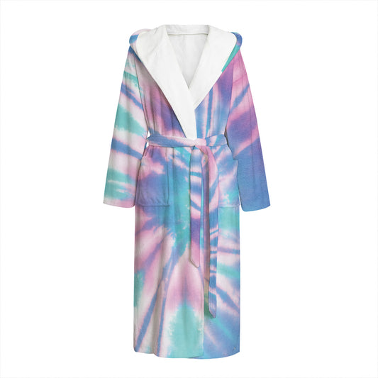 Teal And Pink Tie Dye Print Hooded Bathrobe