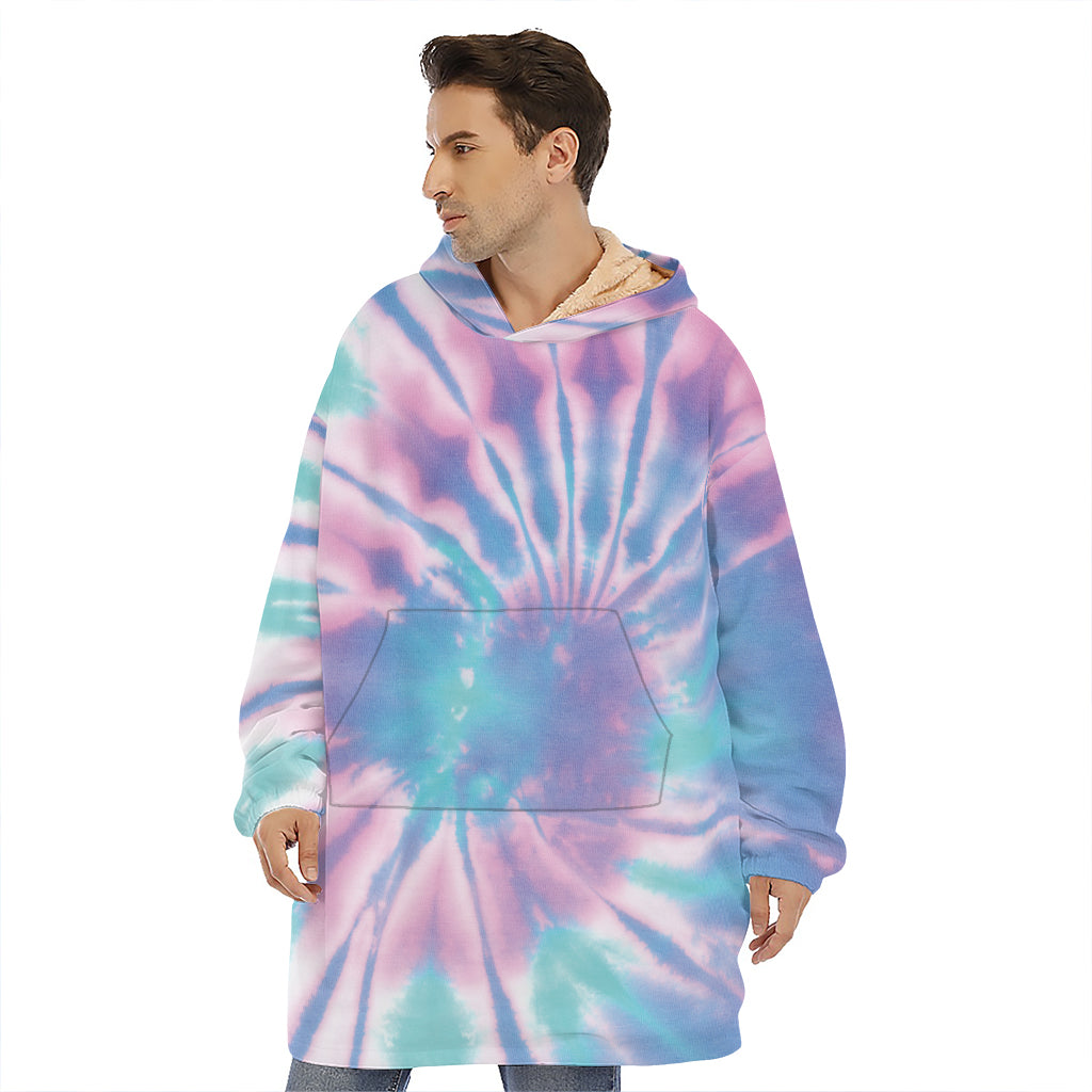 Teal And Pink Tie Dye Print Hoodie Blanket