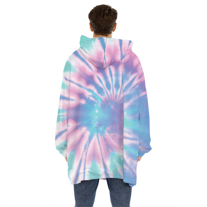 Teal And Pink Tie Dye Print Hoodie Blanket