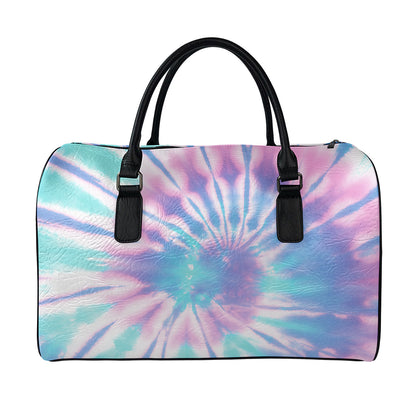 Teal And Pink Tie Dye Print Leather Duffle Bag