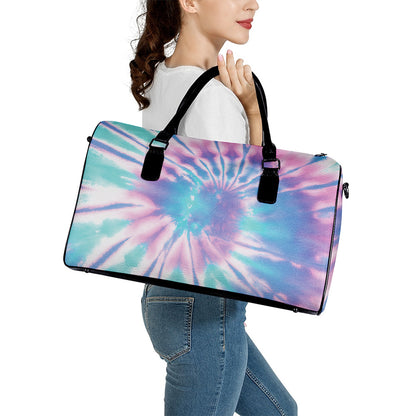 Teal And Pink Tie Dye Print Leather Duffle Bag