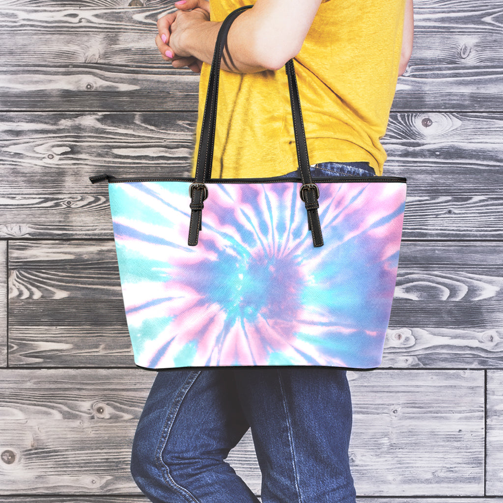 Teal And Pink Tie Dye Print Leather Tote Bag