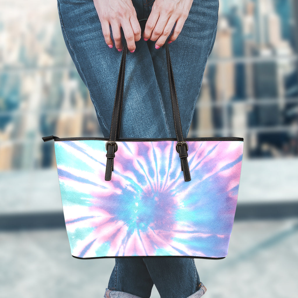 Teal And Pink Tie Dye Print Leather Tote Bag