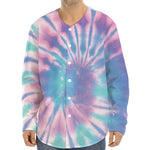 Teal And Pink Tie Dye Print Long Sleeve Baseball Jersey