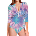 Teal And Pink Tie Dye Print Long Sleeve Swimsuit