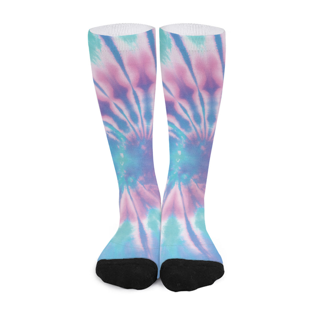 Teal And Pink Tie Dye Print Long Socks