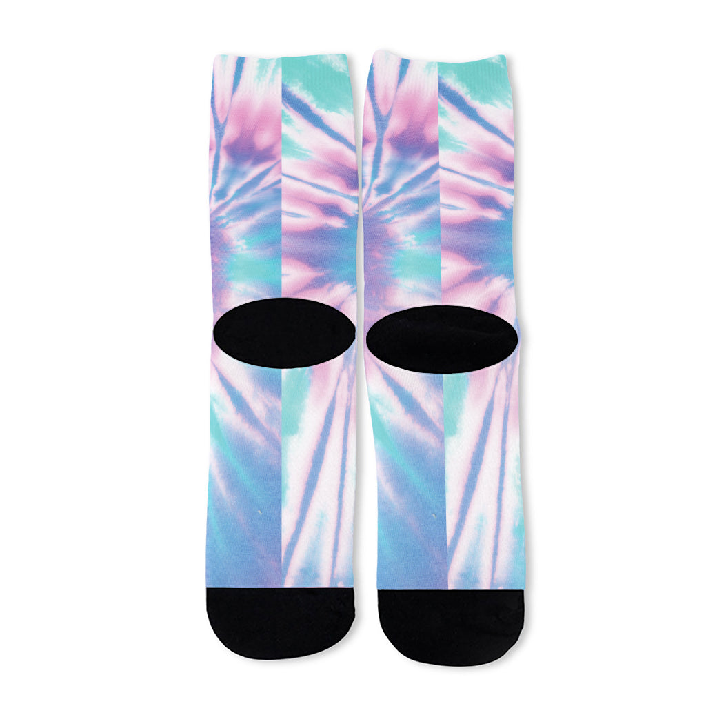 Teal And Pink Tie Dye Print Long Socks