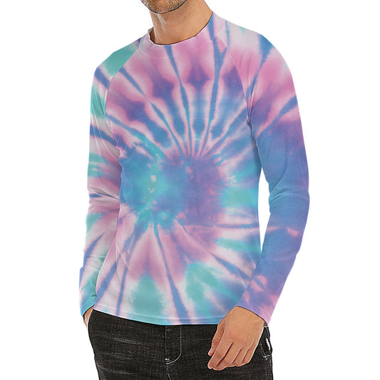 Teal And Pink Tie Dye Print Men's Long Sleeve Rash Guard