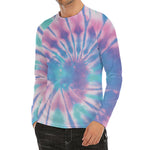 Teal And Pink Tie Dye Print Men's Long Sleeve Rash Guard