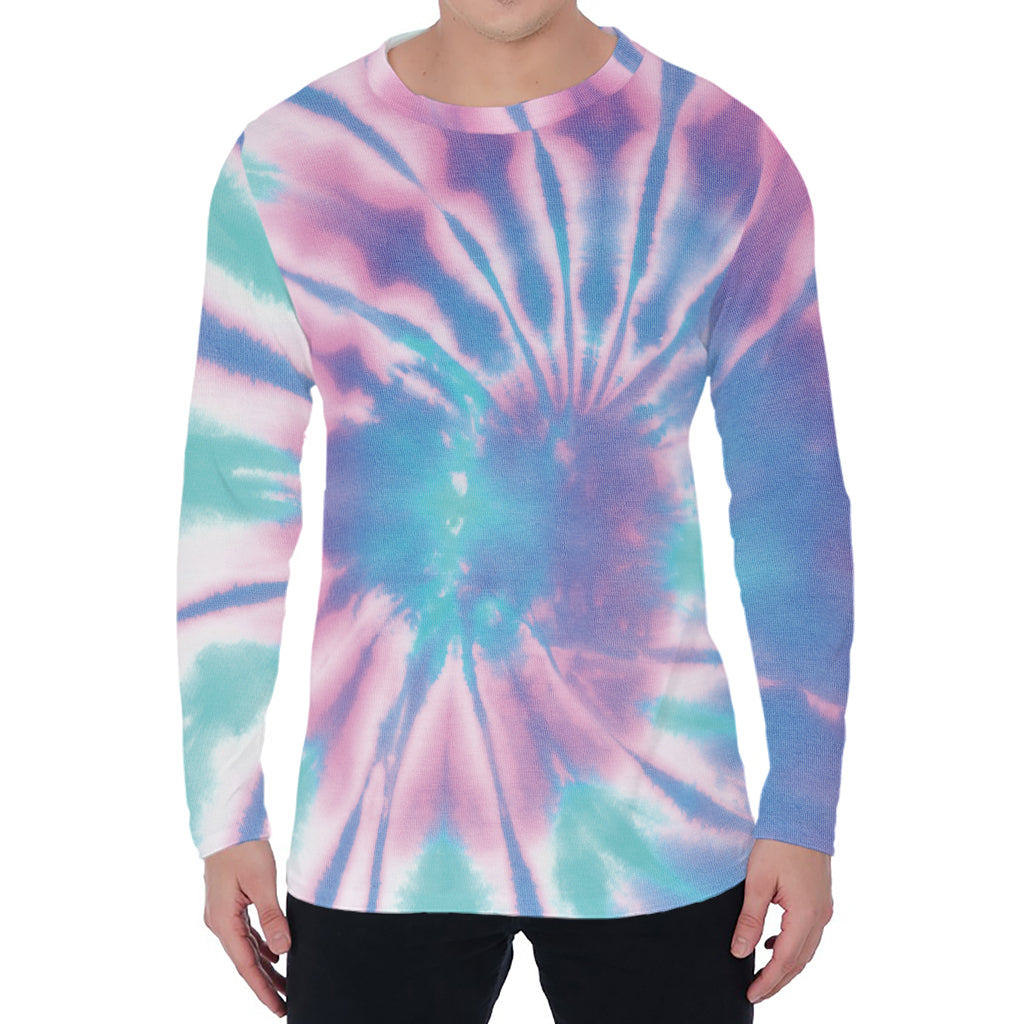 Teal And Pink Tie Dye Print Men's Long Sleeve T-Shirt