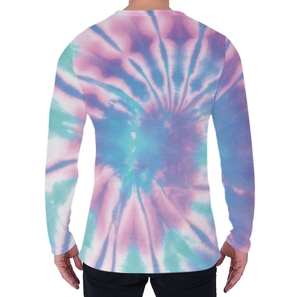Teal And Pink Tie Dye Print Men's Long Sleeve T-Shirt