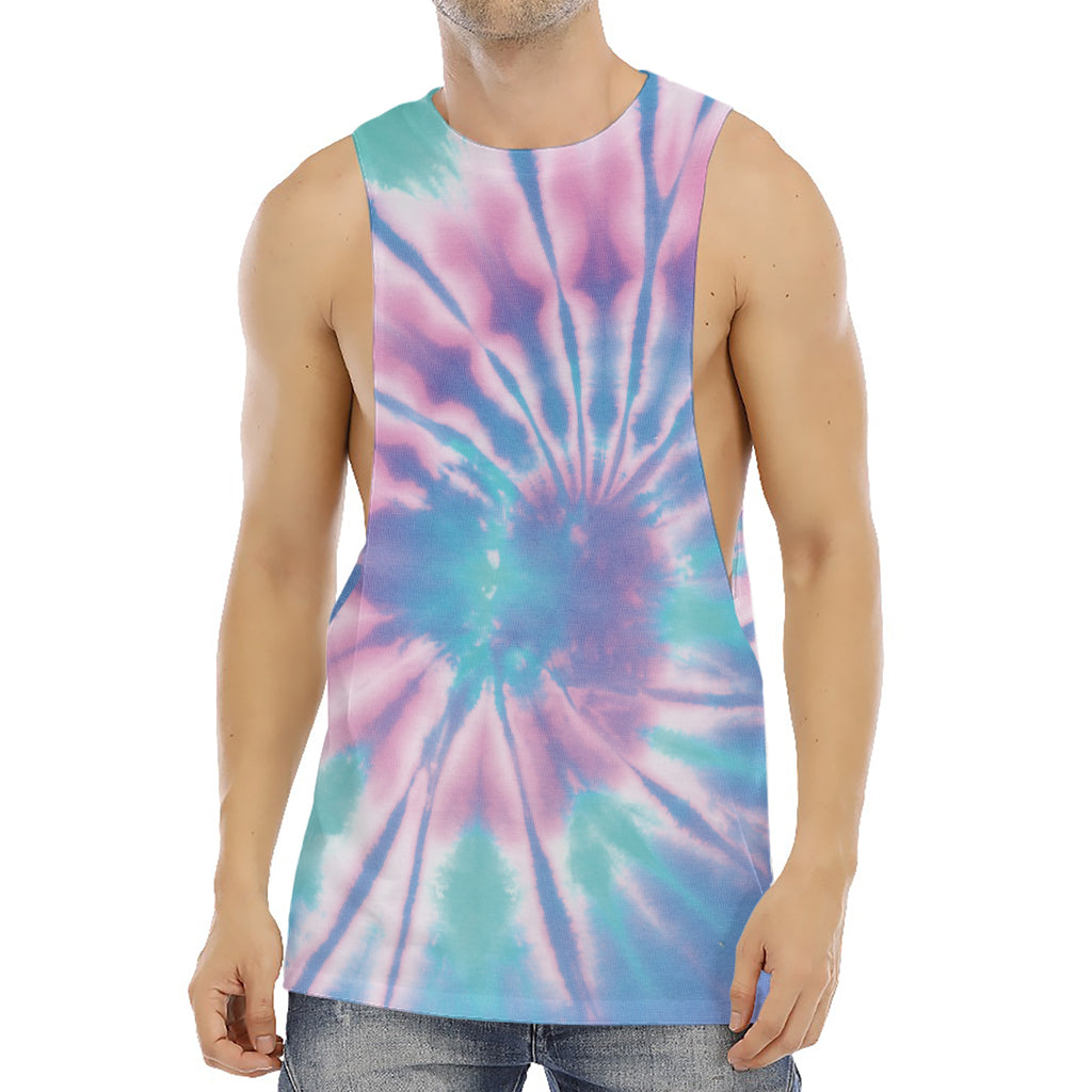 Teal And Pink Tie Dye Print Men's Muscle Tank Top