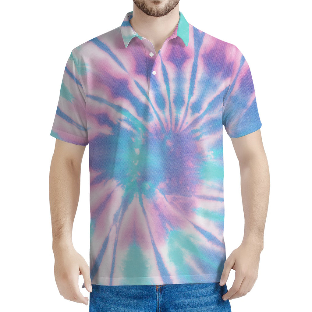 Teal And Pink Tie Dye Print Men's Polo Shirt