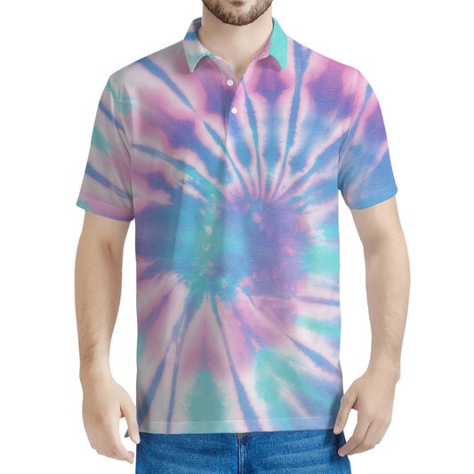 Teal And Pink Tie Dye Print Men's Polo Shirt
