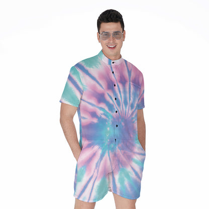 Teal And Pink Tie Dye Print Men's Rompers