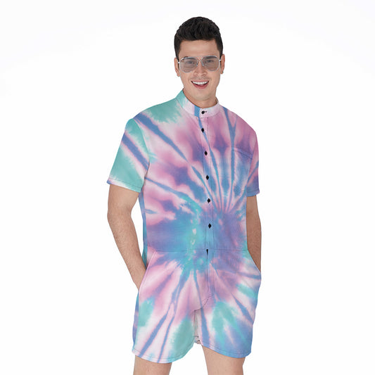 Teal And Pink Tie Dye Print Men's Rompers