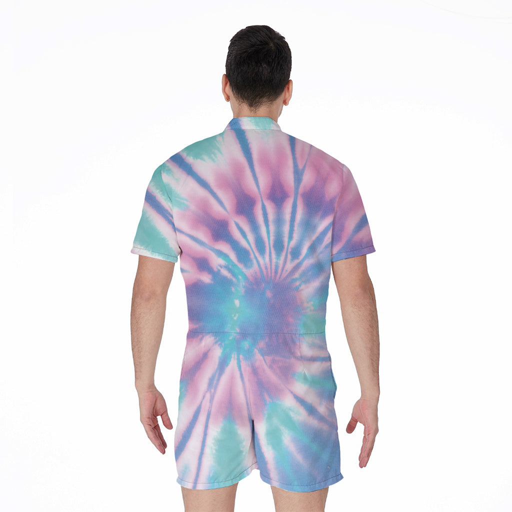 Teal And Pink Tie Dye Print Men's Rompers