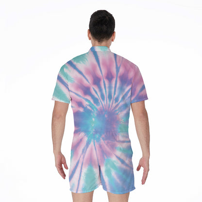 Teal And Pink Tie Dye Print Men's Rompers