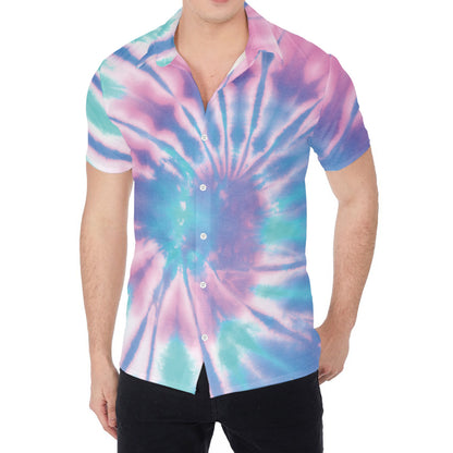 Teal And Pink Tie Dye Print Men's Shirt