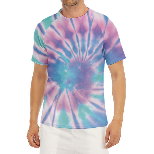 Teal And Pink Tie Dye Print Men's Short Sleeve Rash Guard