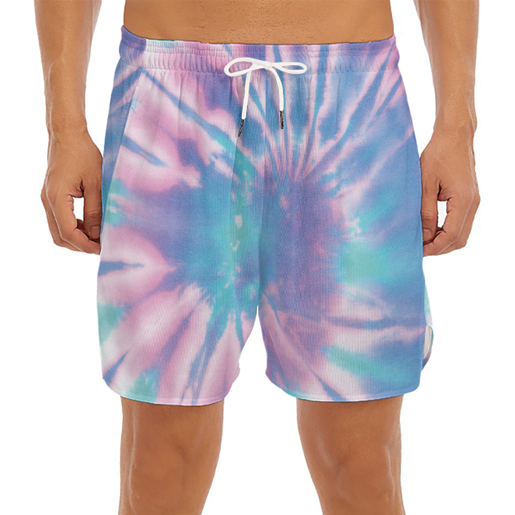 Teal And Pink Tie Dye Print Men's Split Running Shorts