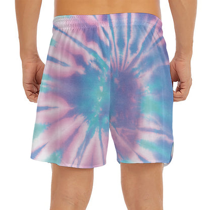 Teal And Pink Tie Dye Print Men's Split Running Shorts