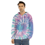 Teal And Pink Tie Dye Print Men's Velvet Pullover Hoodie