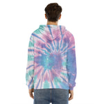 Teal And Pink Tie Dye Print Men's Velvet Pullover Hoodie