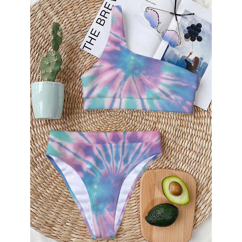 Teal And Pink Tie Dye Print One Shoulder Bikini Top