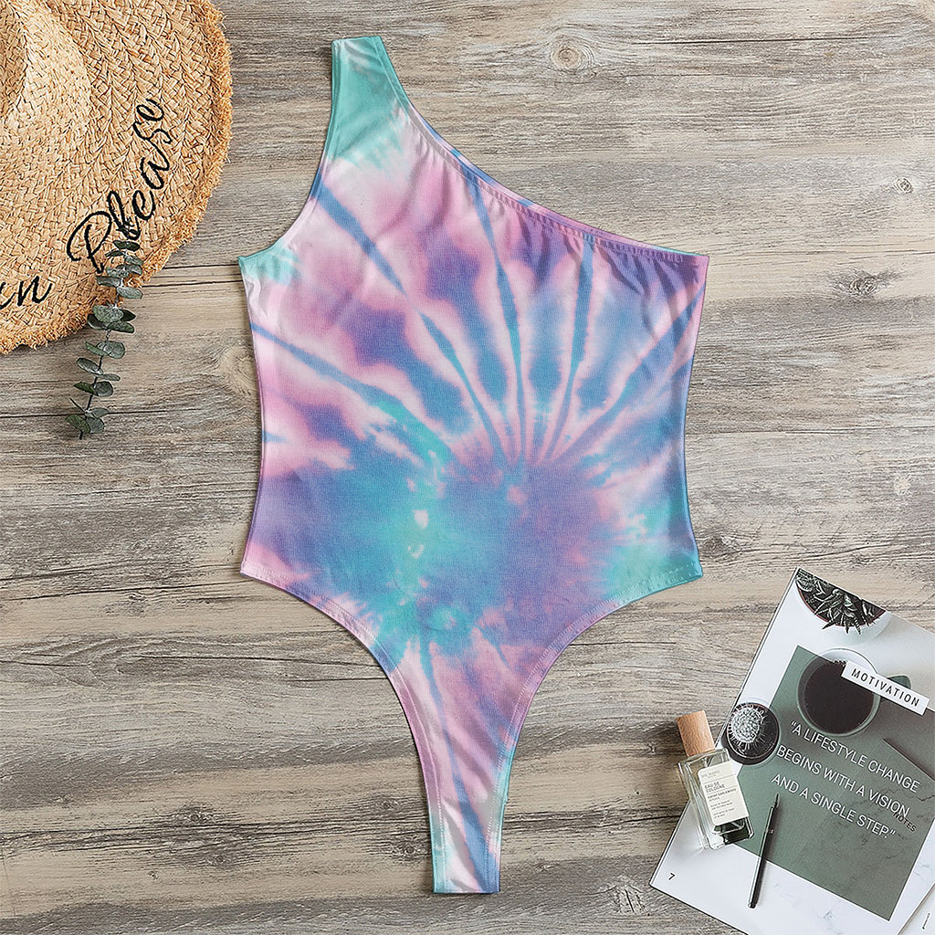 Teal And Pink Tie Dye Print One Shoulder Bodysuit