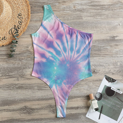 Teal And Pink Tie Dye Print One Shoulder Bodysuit