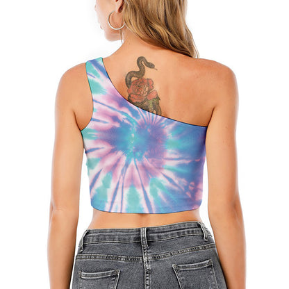 Teal And Pink Tie Dye Print One Shoulder Crop Top