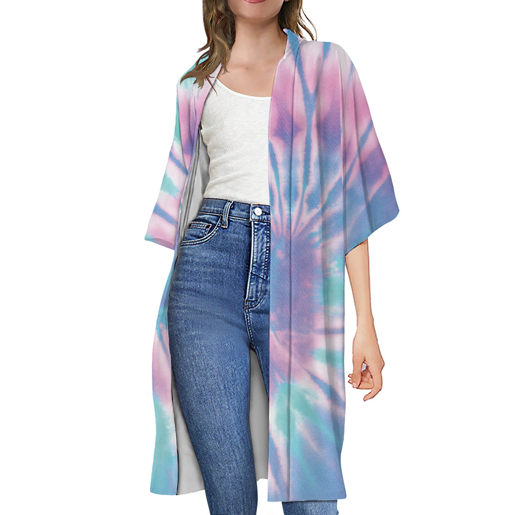 Teal And Pink Tie Dye Print Open Front Beach Cover Up