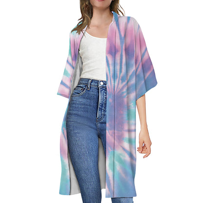 Teal And Pink Tie Dye Print Open Front Beach Cover Up