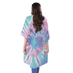 Teal And Pink Tie Dye Print Open Front Beach Cover Up