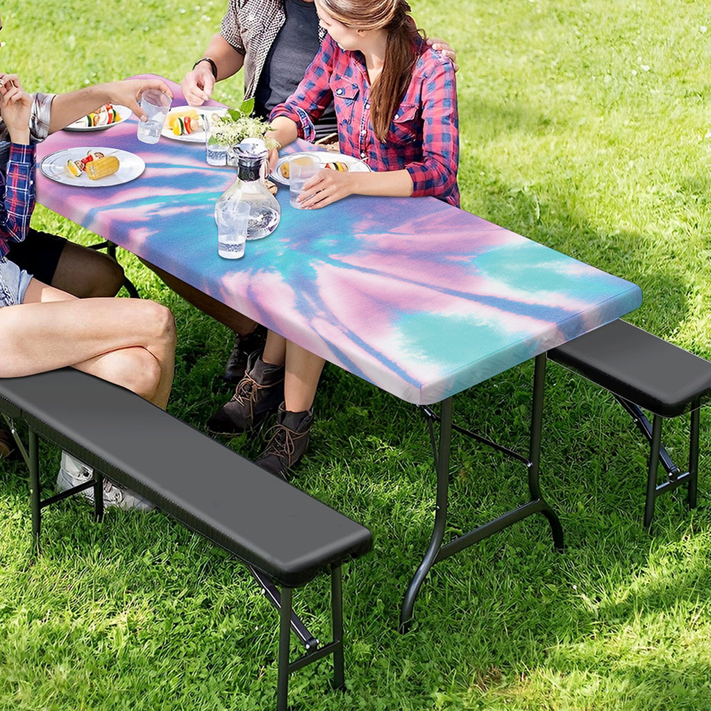 Teal And Pink Tie Dye Print Picnic Table Cover