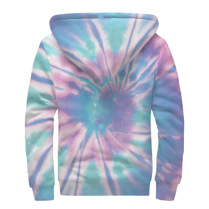 Teal And Pink Tie Dye Print Sherpa Lined Zip Up Hoodie