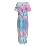 Teal And Pink Tie Dye Print Short Sleeve Long Nightdress