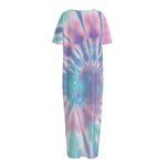 Teal And Pink Tie Dye Print Short Sleeve Long Nightdress