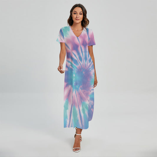Teal And Pink Tie Dye Print Short Sleeve Maxi Dress